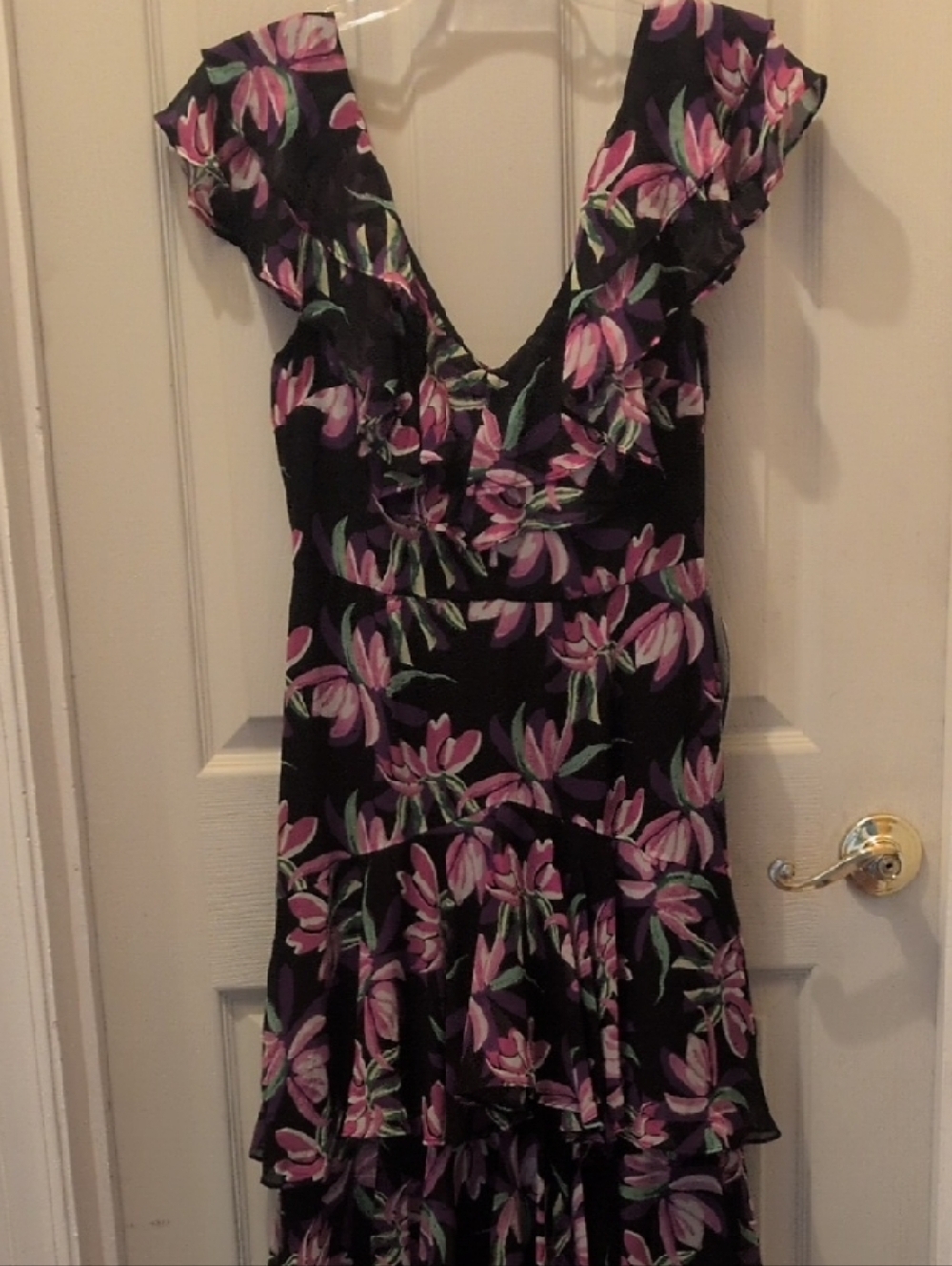 Wayf Black Floral Ruffle Maxi Dress with Pink And Purple Accents Sz Small